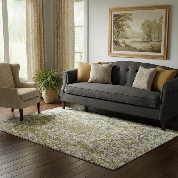 HomeRoots 5' X 8' Pewter Gold and Ivory Oriental Washable Area Rug with Stain Resistance & UV Protection 699354