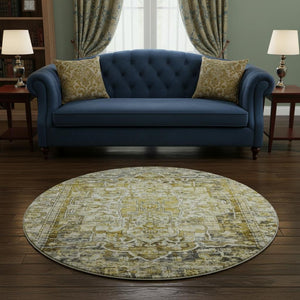 HomeRoots 8' Stylish Pewter Gold & Ivory Washable Round Rug with UV Protection for Easy Care & Durability 699355