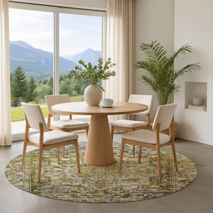 HomeRoots 8' Stylish Pewter Gold & Ivory Washable Round Rug with UV Protection for Easy Care & Durability 699355