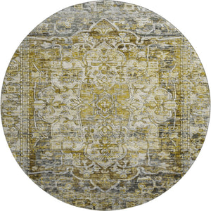 HomeRoots 8' Stylish Pewter Gold & Ivory Washable Round Rug with UV Protection for Easy Care & Durability 699355