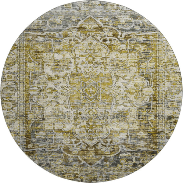 HomeRoots 8' Stylish Pewter Gold & Ivory Washable Round Rug with UV Protection for Easy Care & Durability 699355
