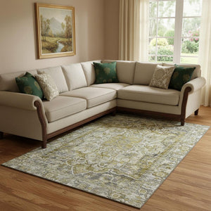 HomeRoots 8' X 10' Elegant Pewter Gold Ivory Oriental Washable Area Rug with Stain Resistance & UV Protection 699356