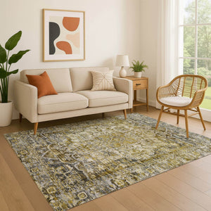 HomeRoots 9' X 12' Elegant Pewter Gold & Ivory Oriental Area Rug - Washable, Stain-Resistant, UV Protected! 699357