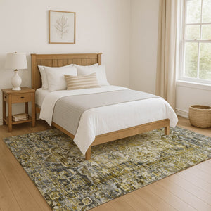 HomeRoots 9' X 12' Elegant Pewter Gold & Ivory Oriental Area Rug - Washable, Stain-Resistant, UV Protected! 699357