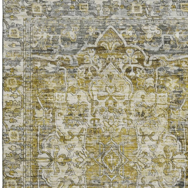 HomeRoots 9' X 12' Elegant Pewter Gold & Ivory Oriental Area Rug - Washable, Stain-Resistant, UV Protected! 699357