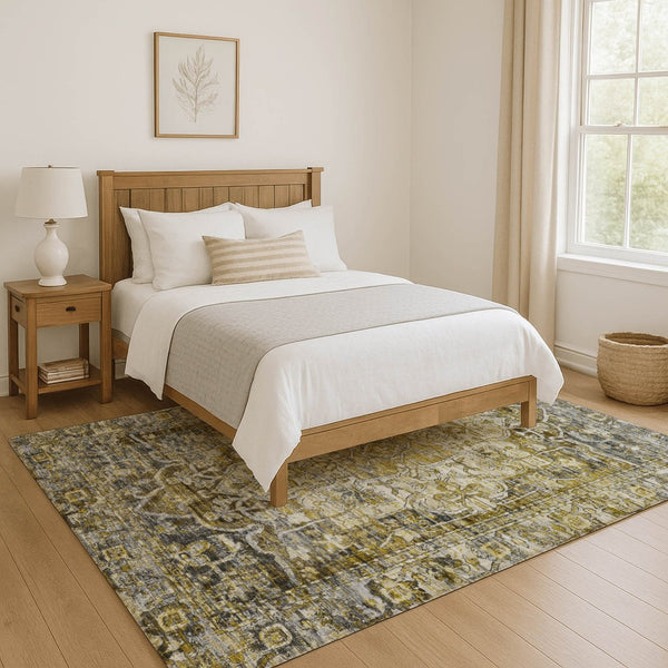 HomeRoots 10' X 14' Elegant Pewter Gold Ivory Oriental Area Rug - Washable, UV Protected, Durable Design 699358