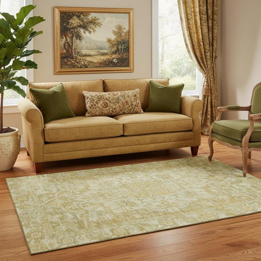 HomeRoots 5' X 8' Tan Gold Ivory Oriental Washable Area Rug - Stylish, Durable, and UV-Protected for Any Home 699360