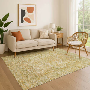 HomeRoots 5' X 8' Tan Gold Ivory Oriental Washable Area Rug - Stylish, Durable, and UV-Protected for Any Home 699360