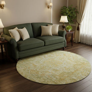 HomeRoots 8' Round Oriental Washable Rug in Tan, Gold & Ivory – Stain-Resistant, UV Protected & Durable Decor 699361