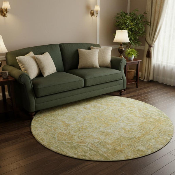 HomeRoots 8' Round Oriental Washable Rug in Tan, Gold & Ivory – Stain-Resistant, UV Protected & Durable Decor 699361