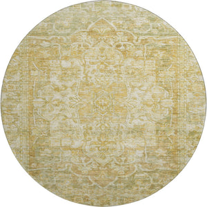 HomeRoots 8' Round Oriental Washable Rug in Tan, Gold & Ivory – Stain-Resistant, UV Protected & Durable Decor 699361
