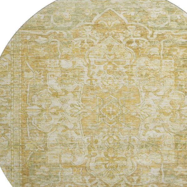 HomeRoots 8' Round Oriental Washable Rug in Tan, Gold & Ivory – Stain-Resistant, UV Protected & Durable Decor 699361