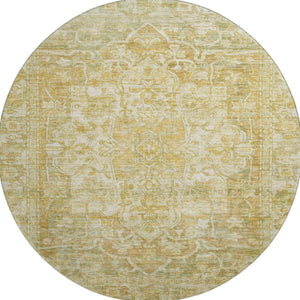 HomeRoots 8' Round Oriental Washable Rug in Tan, Gold & Ivory – Stain-Resistant, UV Protected & Durable Decor 699361
