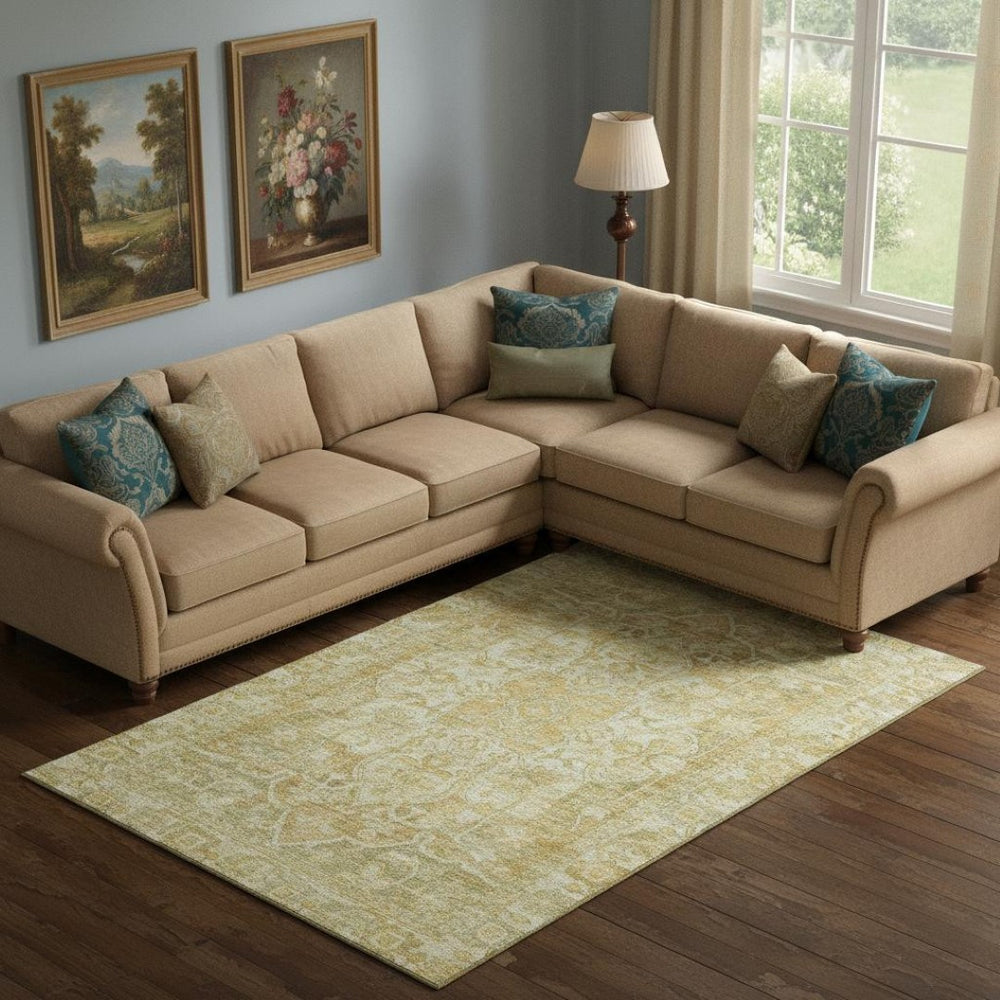 HomeRoots 9' Tan Gold Ivory Oriental Area Rug – Washable, Stain Resistant, UV Protected, Non-Slip Backing 699363