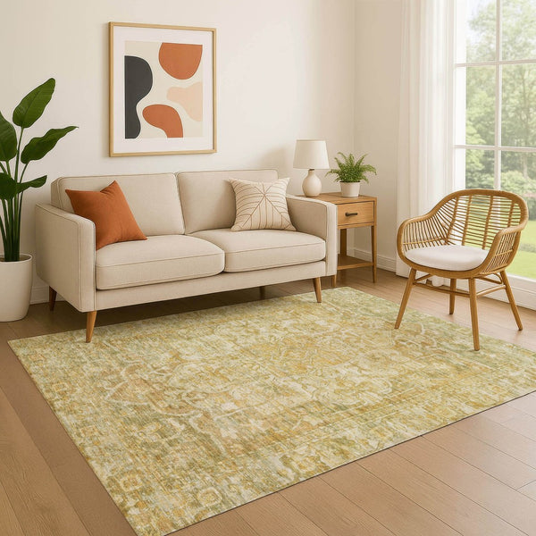 HomeRoots 9' Tan Gold Ivory Oriental Area Rug – Washable, Stain Resistant, UV Protected, Non-Slip Backing 699363