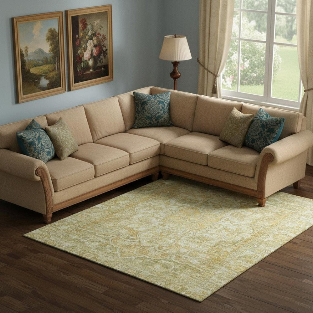 HomeRoots 10' X 14' Tan Gold & Ivory Oriental Area Rug – Washable, UV Protected, Ideal for Family Spaces! 699364