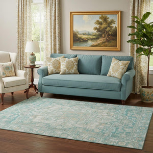 HomeRoots 5' X 8' Teal Ivory Beige Oriental Washable Area Rug - Durable, Stain-Resistant & UV Protected Decor 699366