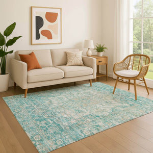 HomeRoots 5' X 8' Teal Ivory Beige Oriental Washable Area Rug - Durable, Stain-Resistant & UV Protected Decor 699366