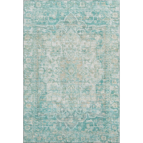 HomeRoots 5' X 8' Teal Ivory Beige Oriental Washable Area Rug - Durable, Stain-Resistant & UV Protected Decor 699366