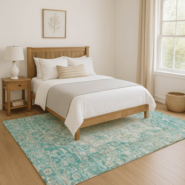 HomeRoots 5' X 8' Teal Ivory Beige Oriental Washable Area Rug - Durable, Stain-Resistant & UV Protected Decor 699366