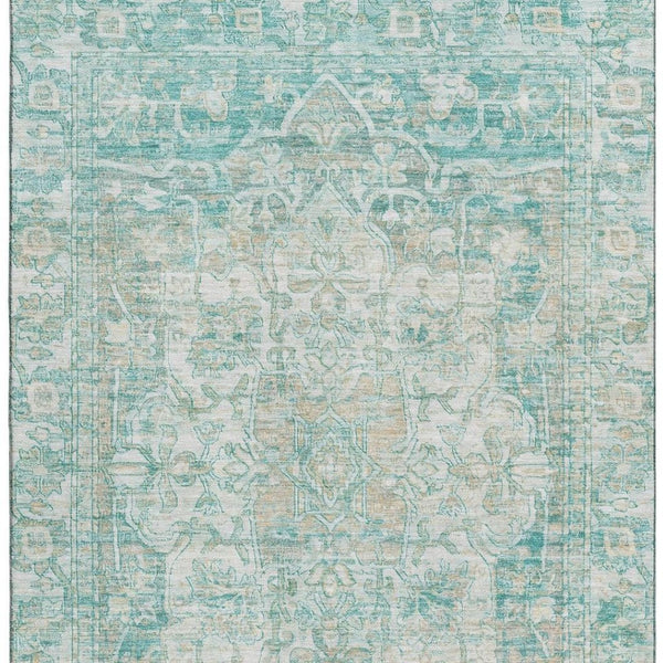 HomeRoots 5' X 8' Teal Ivory Beige Oriental Washable Area Rug - Durable, Stain-Resistant & UV Protected Decor 699366
