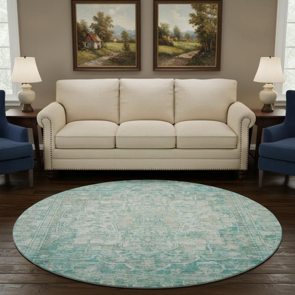 HomeRoots 8' Teal, Ivory & Beige Round Oriental Rug - Washable, UV Protected, Durable for Daily Use & Style 699367