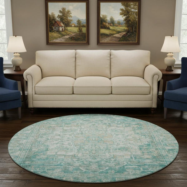 HomeRoots 8' Teal, Ivory & Beige Round Oriental Rug - Washable, UV Protected, Durable for Daily Use & Style 699367