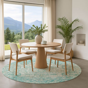 HomeRoots 8' Teal, Ivory & Beige Round Oriental Rug - Washable, UV Protected, Durable for Daily Use & Style 699367