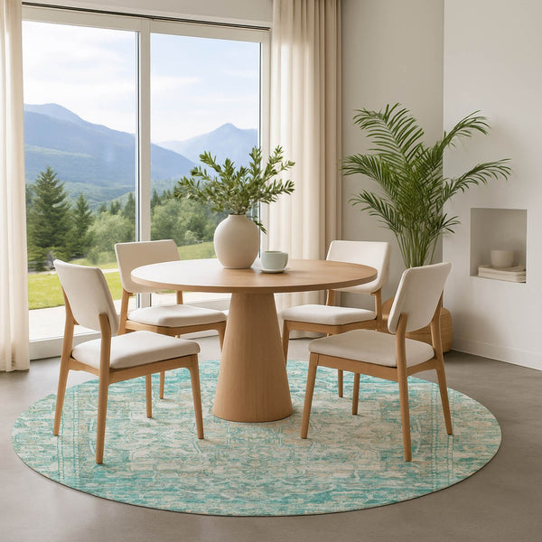 HomeRoots 8' Teal, Ivory & Beige Round Oriental Rug - Washable, UV Protected, Durable for Daily Use & Style 699367