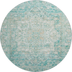 HomeRoots 8' Teal, Ivory & Beige Round Oriental Rug - Washable, UV Protected, Durable for Daily Use & Style 699367