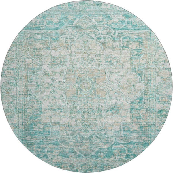 HomeRoots 8' Teal, Ivory & Beige Round Oriental Rug - Washable, UV Protected, Durable for Daily Use & Style 699367