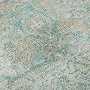 HomeRoots 8' Teal, Ivory & Beige Round Oriental Rug - Washable, UV Protected, Durable for Daily Use & Style 699367