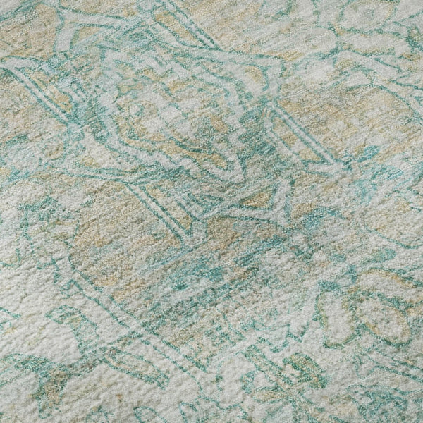 HomeRoots 8' Teal, Ivory & Beige Round Oriental Rug - Washable, UV Protected, Durable for Daily Use & Style 699367