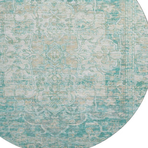 HomeRoots 8' Teal, Ivory & Beige Round Oriental Rug - Washable, UV Protected, Durable for Daily Use & Style 699367