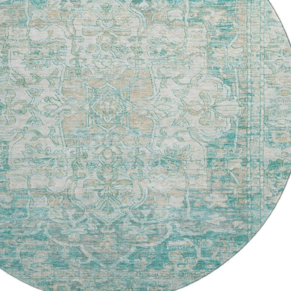 HomeRoots 8' Teal, Ivory & Beige Round Oriental Rug - Washable, UV Protected, Durable for Daily Use & Style 699367