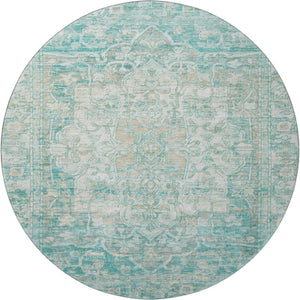 HomeRoots 8' Teal, Ivory & Beige Round Oriental Rug - Washable, UV Protected, Durable for Daily Use & Style 699367