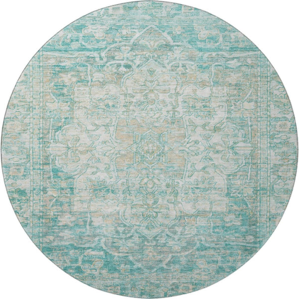 HomeRoots 8' Teal, Ivory & Beige Round Oriental Rug - Washable, UV Protected, Durable for Daily Use & Style 699367