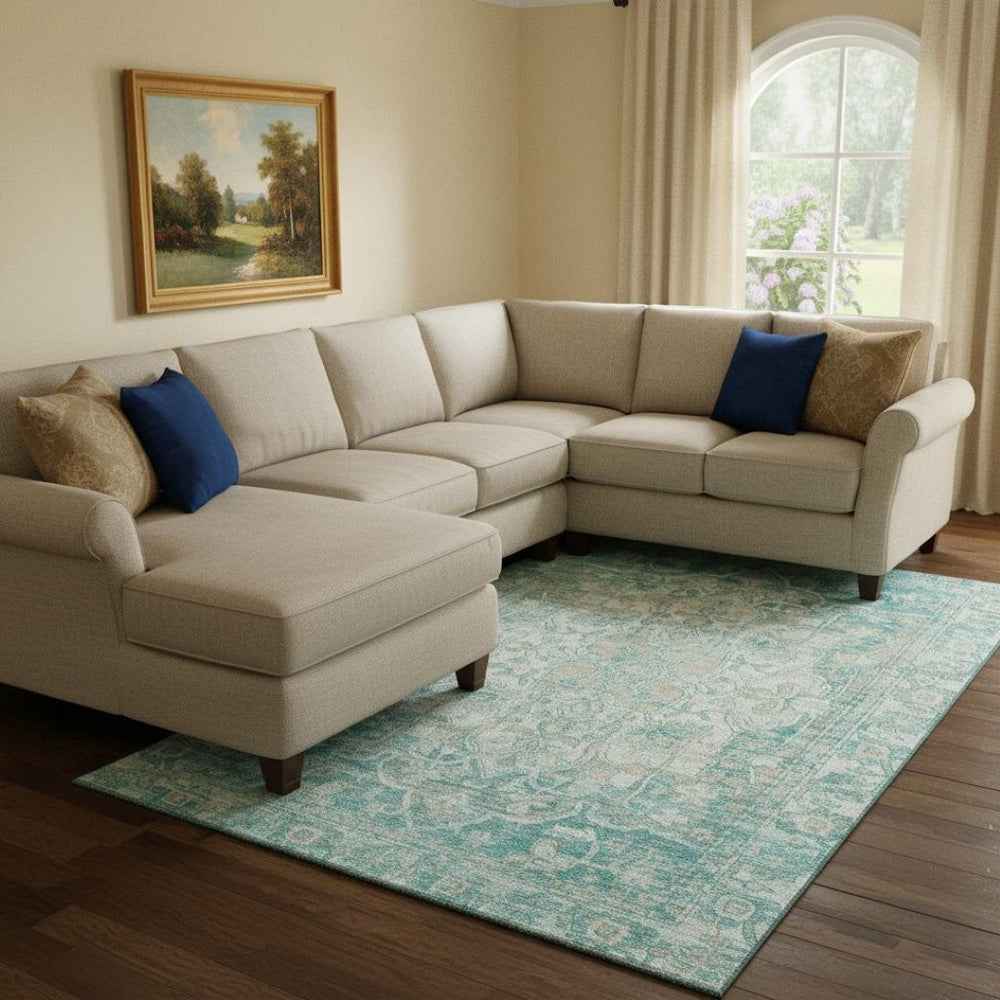 HomeRoots 8' X 10' Elegant Teal Ivory Beige Oriental Washable Rug with UV Protection for Busy Homes! 699368