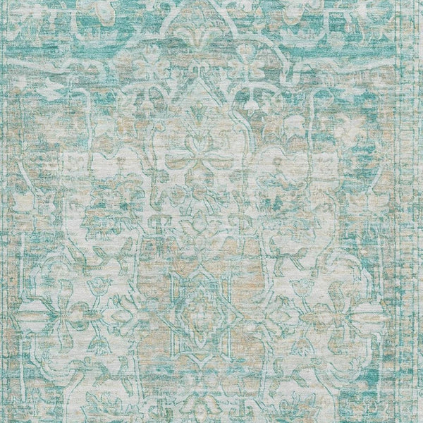 HomeRoots 8' X 10' Elegant Teal Ivory Beige Oriental Washable Rug with UV Protection for Busy Homes! 699368