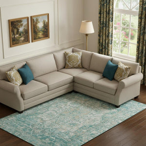 HomeRoots 9' X 12' Teal Ivory Beige Oriental Area Rug – Washable, UV Protected, Durable for Busy Homes 699369