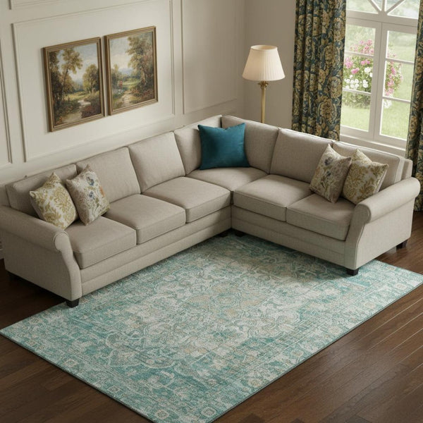 HomeRoots 10' X 14' Teal Ivory Beige Oriental Washable Rug - Stain Resistant, UV Protected, Durable & Stylish! 699370