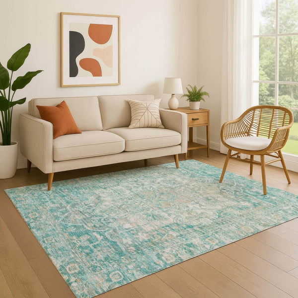HomeRoots 10' X 14' Teal Ivory Beige Oriental Washable Rug - Stain Resistant, UV Protected, Durable & Stylish! 699370