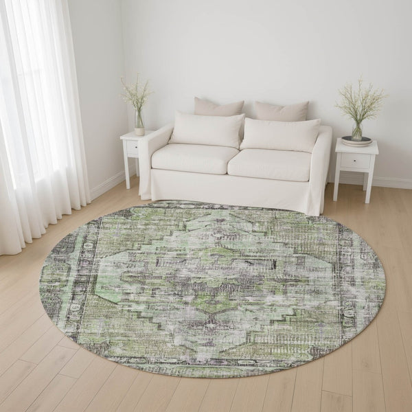 HomeRoots 8' Elegant Artichoke Green Charcoal Ivory Oriental Washable Round Rug with UV Protection & Style 699373
