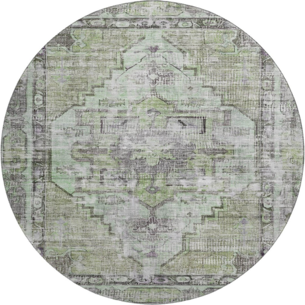 HomeRoots 8' Elegant Artichoke Green Charcoal Ivory Oriental Washable Round Rug with UV Protection & Style 699373