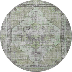 HomeRoots 8' Elegant Artichoke Green Charcoal Ivory Oriental Washable Round Rug with UV Protection & Style 699373