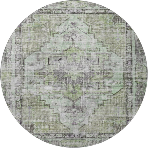 HomeRoots 8' Elegant Artichoke Green Charcoal Ivory Oriental Washable Round Rug with UV Protection & Style 699373