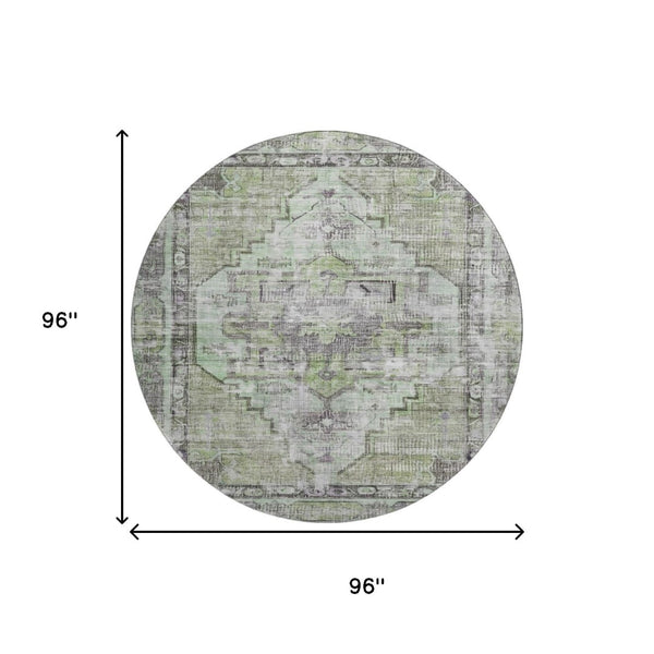 HomeRoots 8' Elegant Artichoke Green Charcoal Ivory Oriental Washable Round Rug with UV Protection & Style 699373