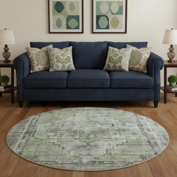 HomeRoots 8' Elegant Artichoke Green Charcoal Ivory Oriental Washable Round Rug with UV Protection & Style 699373