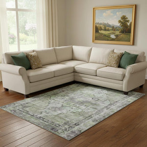 HomeRoots 8' X 10' Artichoke Green Oriental Area Rug - Durable, Washable, UV Protected, Perfect for Any Space 699374