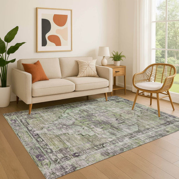 HomeRoots 8' X 10' Artichoke Green Oriental Area Rug - Durable, Washable, UV Protected, Perfect for Any Space 699374
